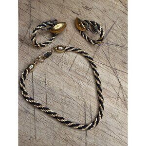 Trifari Vintage Gold & Black Twisted Rope Bracelet & Clip-On Earrings Set Jewelr